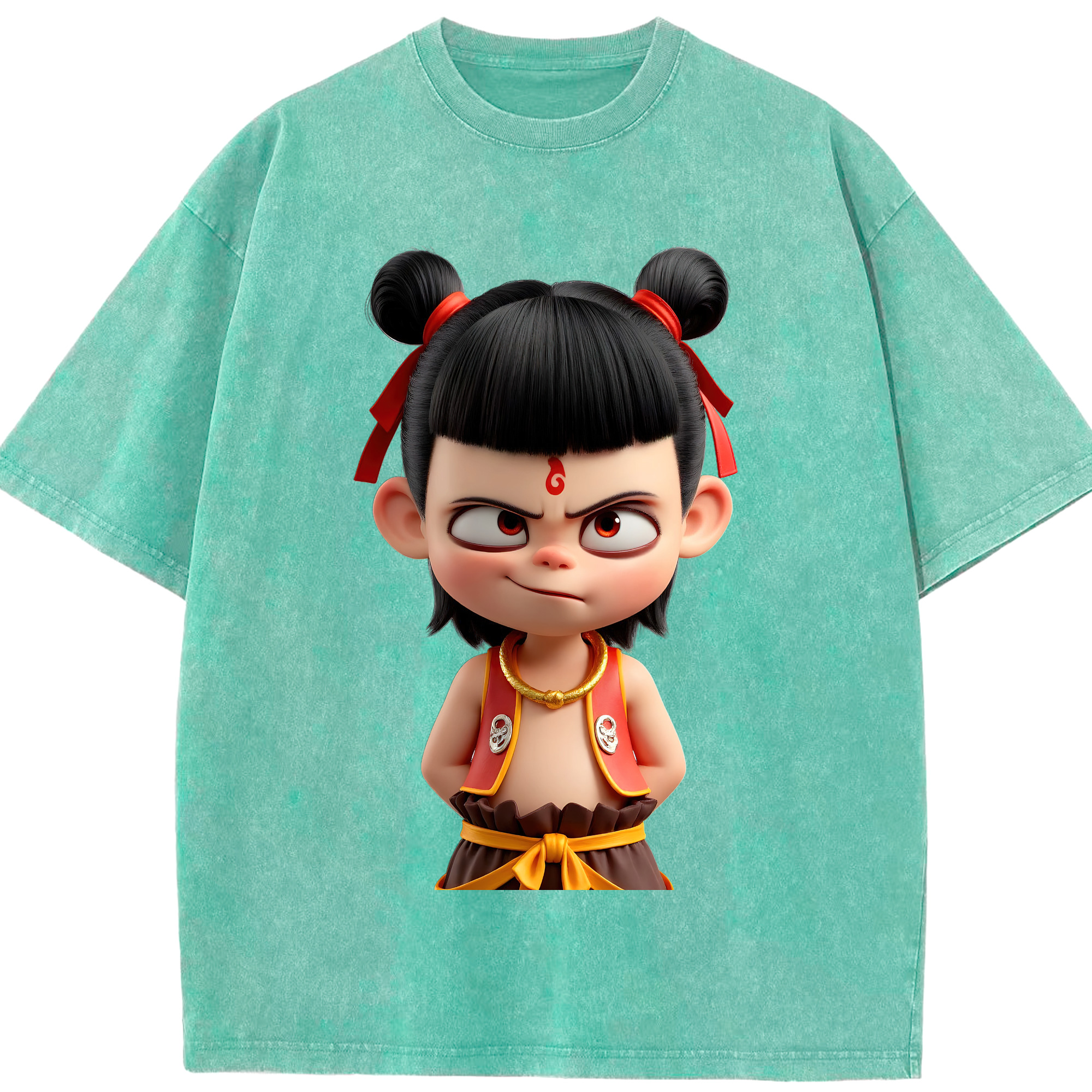 （画像用） Ne Zha 2 ナタ 魔童の大暴れ 綿100% ヴィンテージ風 半袖Tシャツ（フロントプリント）